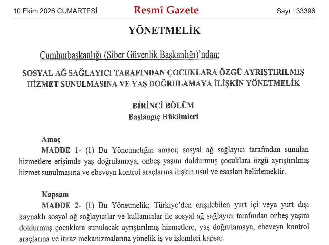 Yaş doğrulama yönetmeliğinin 10 Ekim 2026 tarihli Resmî Gazete'deki ilk sayfası